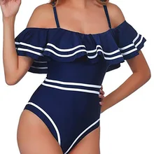 Одноцветный купальник с оборками, женский слитный купальник с открытыми плечами, полосатый Монокини, купальный костюм для женщин mayo, популярный женский купальник