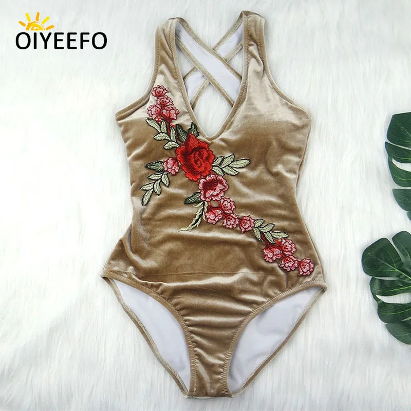 Oiyeefo Green Khaki Velvet Swimsuit One Piece Floral Rose Embroidery Bathing Suits Women Push Up
