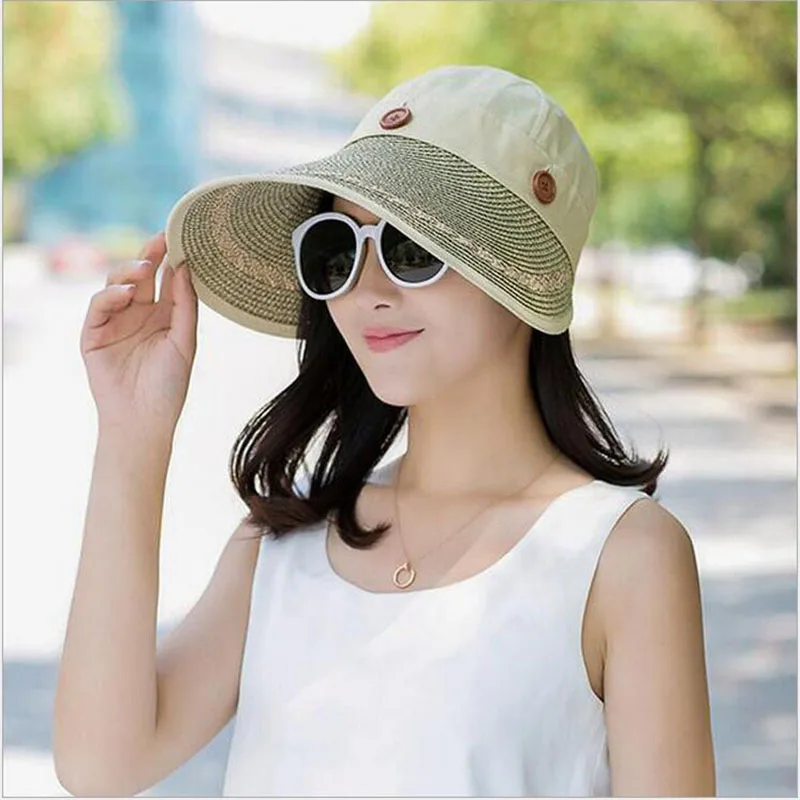 BINGYUANHAOXUAN, женские шляпы с большими широкими полями, летняя пляжная шляпа от солнца, шляпа с пуговицами, соломенная шляпа, летние шляпы для женщин, козырек с УФ-защитой