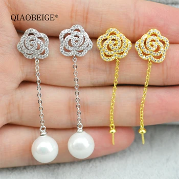 

QIAOBEIGE DIY Pearl mountings New Fashion 925 silver Flower Earrings with long line tassel chains Women Jewelry Bijoux Elegant