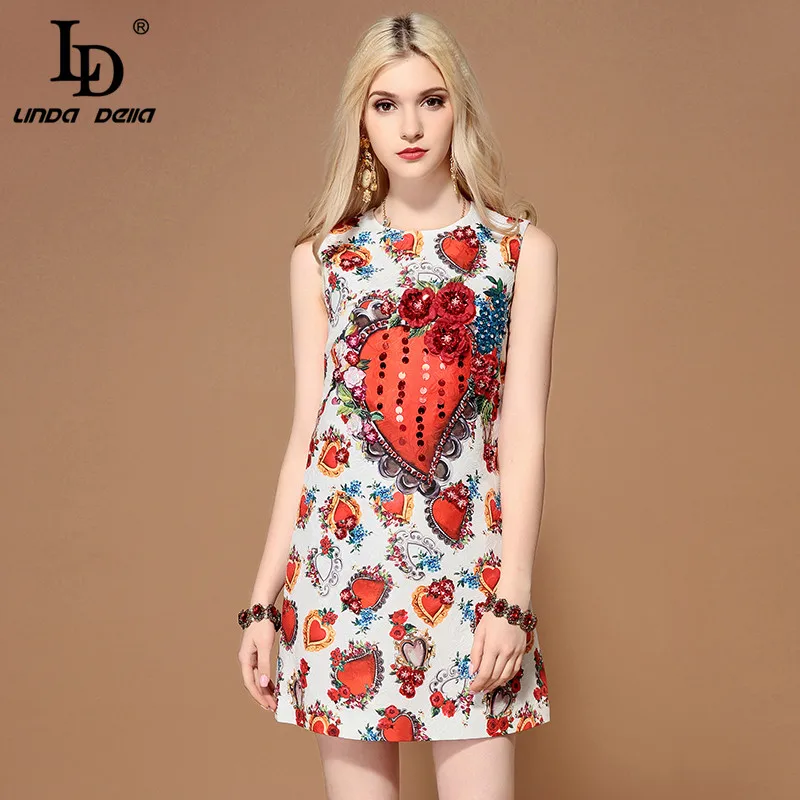 

LD LINDA DELLA 2019 Fashion Runway Summer Dress Women's Sleeveless Gorgeous Sequined Casual Floral Print Elegant Short Dresses