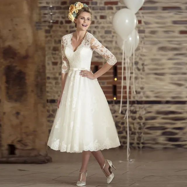 2017 vestido de novia corto estilo vintage 3/4 de la manga v cuello