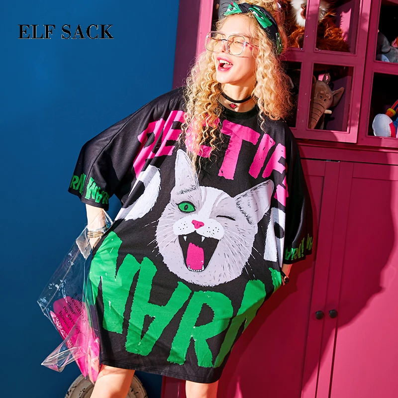 

ELF SACK Women Big Cats Prints Dresses Womens Letter Printing Oversize Short Dresses Chiffon Soft Cat Summer Plus Size Dress