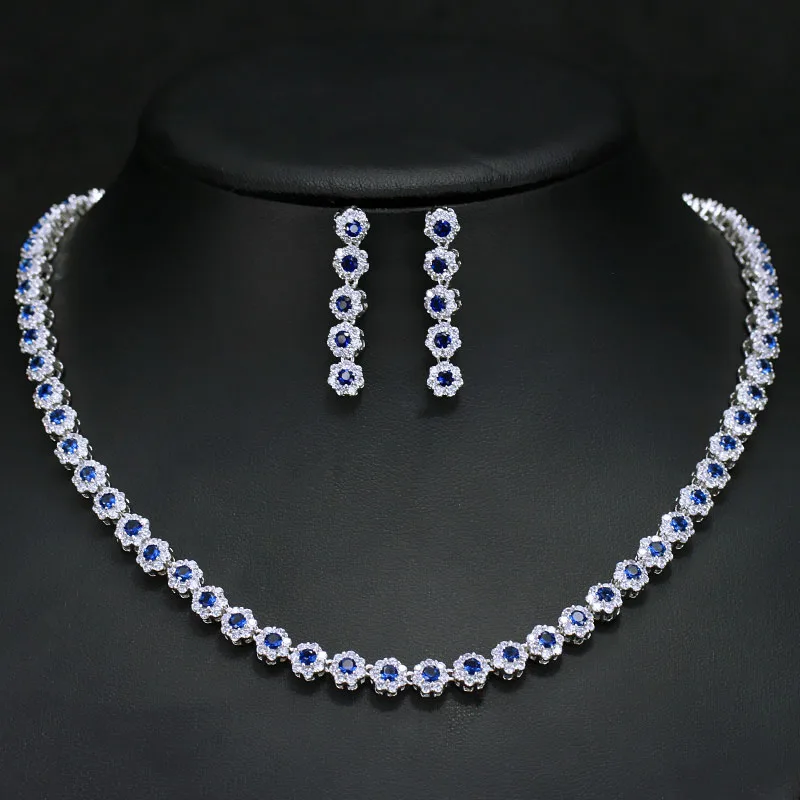 Pera Высокое качество Полный Искрящийся фианит проложить Установка большой круглый соединенный колье ожерелье и Комплект сережек для женщин J232 - Окраска металла: blue