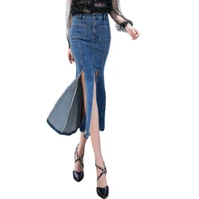 Джинсы с высокой талией женские эластичные плиссированные джинсовые юбки с пуговицами Длинные повседневные оборки русалка юбка летние сексуальные юбки для девочек CM209