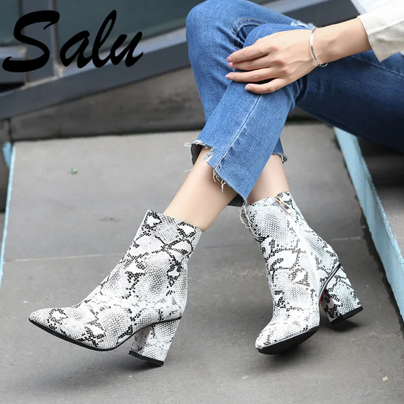 

Salu Size 34-42 Brand Women Boots Snake Thick High Heels Autumn Winter Boots High Quality Fashion Short Ankle Boots Ladies Shoes