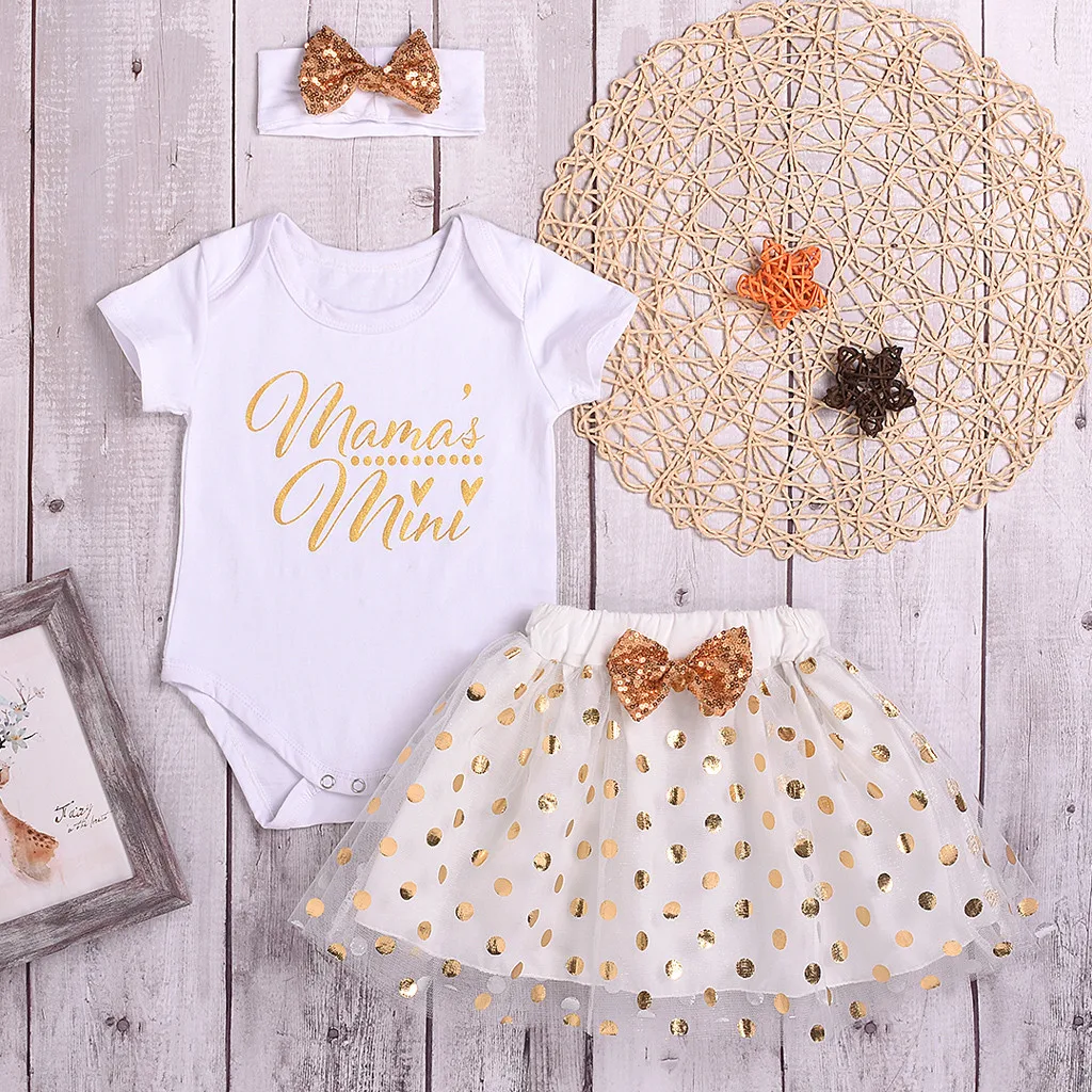 

MUQGEW 2019 Summer Fashion Children Baby Girl Outfits Set Clothe Letter Printed Romper Tulle Dot Sequins Skirt Hair Band Outfit