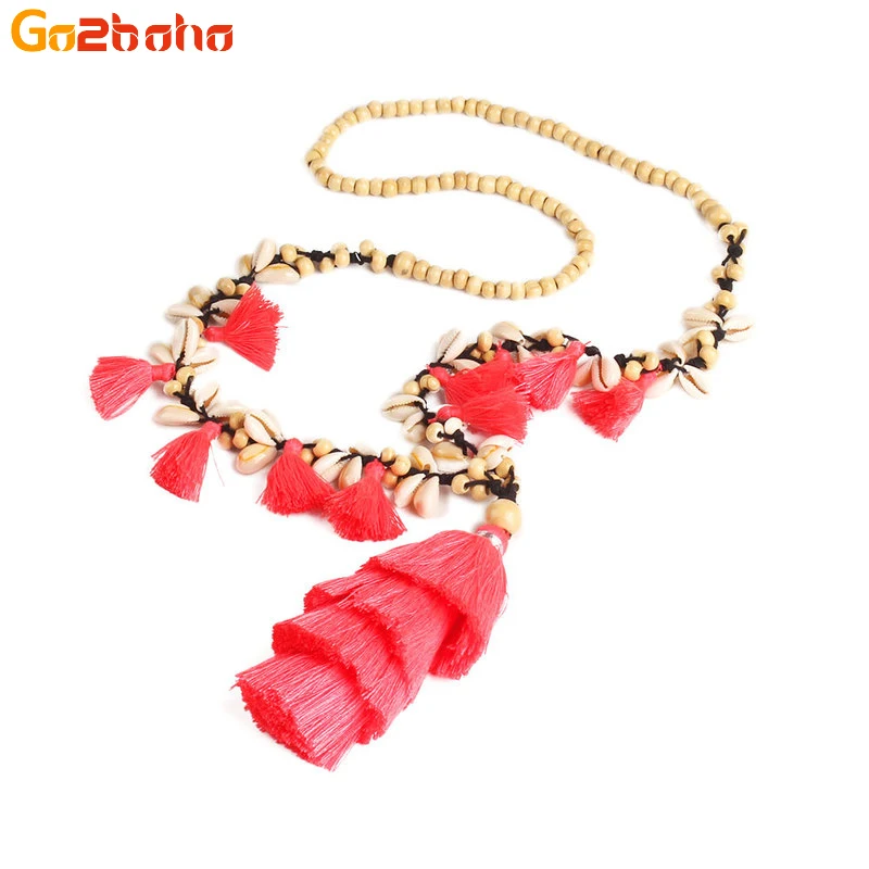 Goedkoop Go2boho Mode Shell Kwasten Geknoopt Touw 2018 Fashion Kettingen Vrouwen Mannen Kwastje Hanger Houten Kralen Ketting Vrouwelijke Sieraden