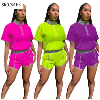 

Reflecting Light Two Piece Set Big Pockets Front Crop Top And Shorts Sets For Women Casual Playsuits Activewear Turtleneck 2019