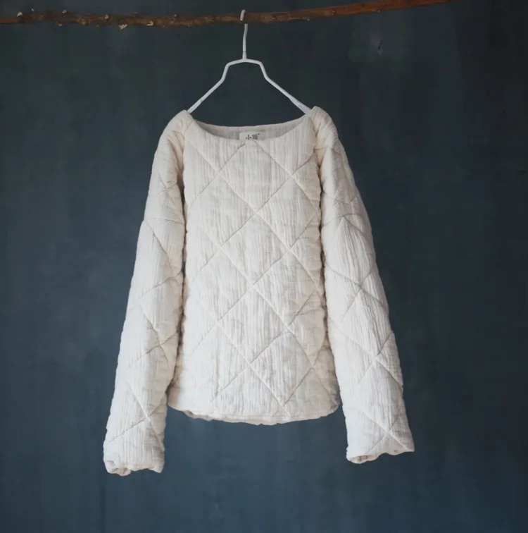 

Women Cotton and linen tops original design shaped warm tops pleated coat off white pullover outwear short wrap