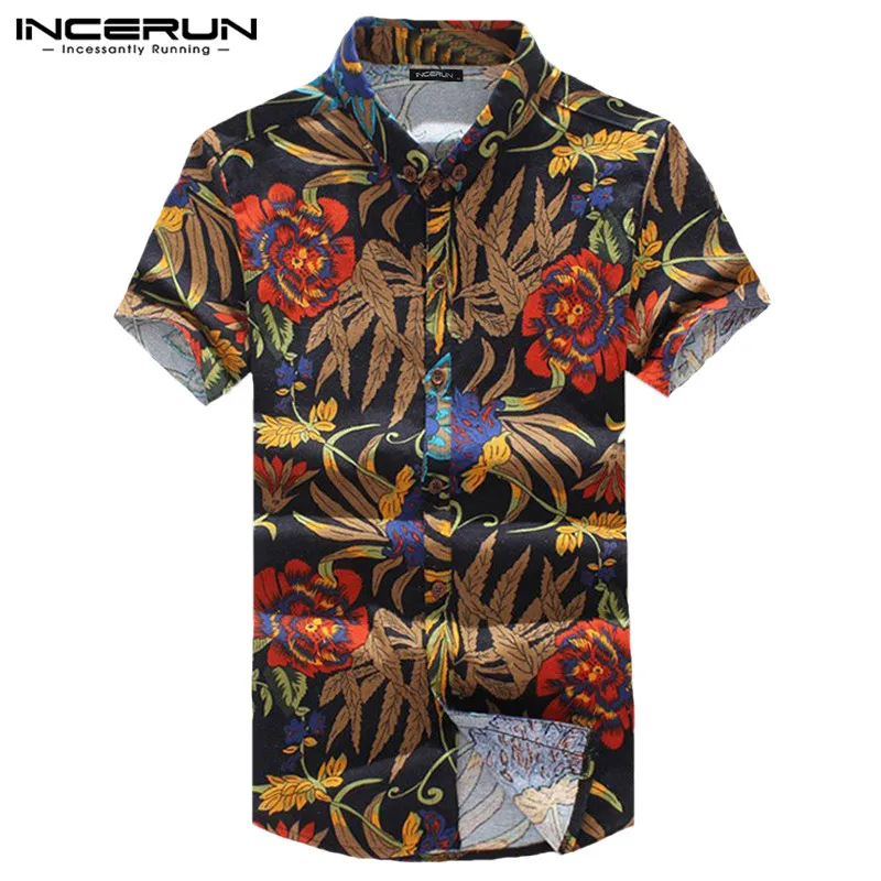 Red Shirt INCERUN модная мужская рубашка хлопок цветочный принт короткий рукав Camisa Slim Fit Топы Уличная Повседневная Гавайская брендовая рубашка для мужчин - Цвет: Red Shirt
