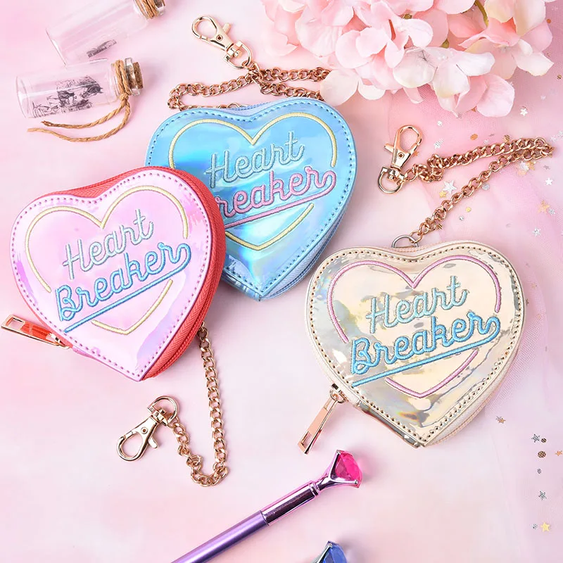 Korean Chic Laser PU Small Coin Purse Women Heart Hologram Wallet Zipper Clutch Money Purse Bank Card Holders Bag Pouch