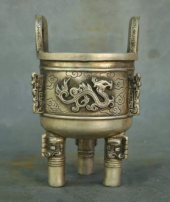 

Old China Palace Silver Fengshui Wealth Dragon Totems Incense Burner Censer Ding