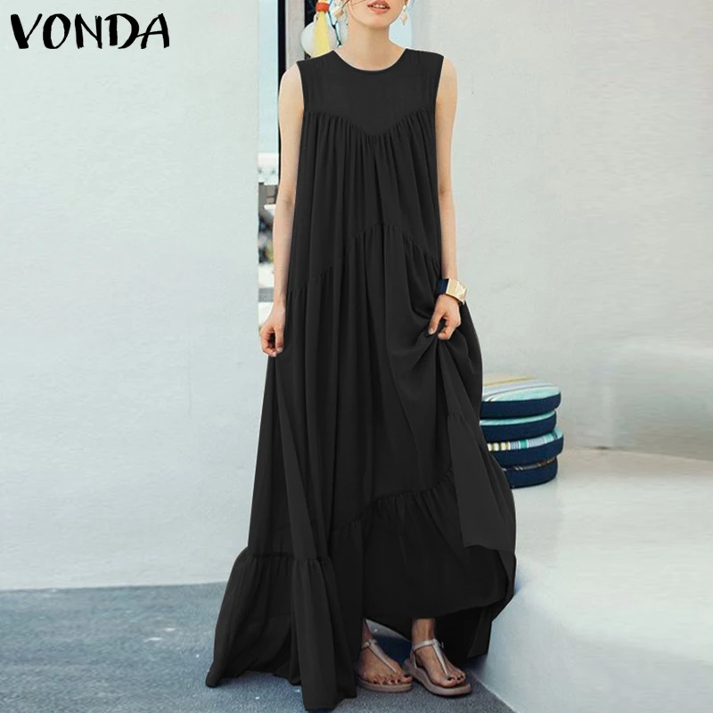 

2019 Vintage Sexy Women's VONDA Fashion Sleeveless Maxi Long Dress Beach Vestidos Robe Femme Party Summer Sundress Plus Size 5XL