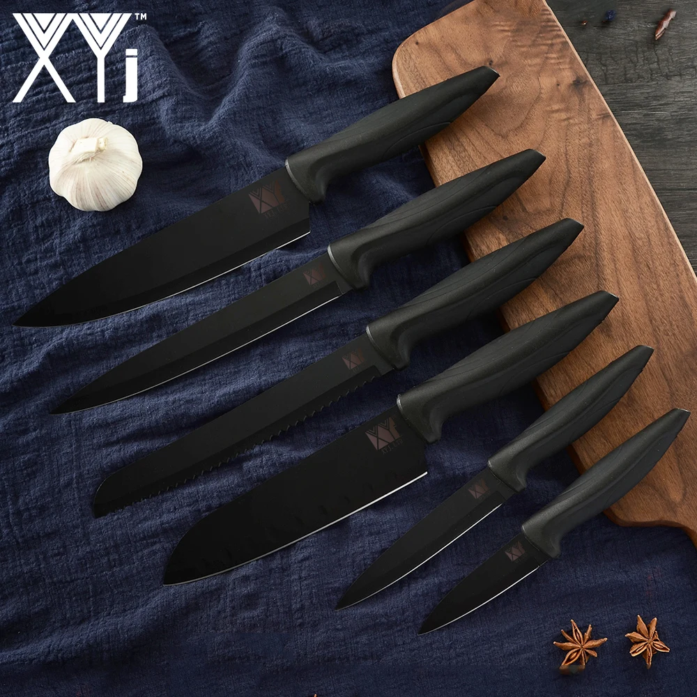 XYj 6pcs Knife Set Slicing Cleaver Bread Santoku Chef Knife 3Cr13 Black Steel Cooking Kitchen Knives Set With Utility Covers