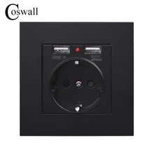 Coswall, двойной usb порт для зарядки, 5 В, 2.1A, светодиодный индикатор, 16A, настенная розетка европейского стандарта, ПК Панель, серый, черный, белый, золотой