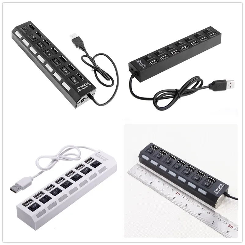 7 Ports LED USB 2.0 Adapter Hub Power on/off Switch Usb Cable usb hub with power adapter computer accessories 1Pcs