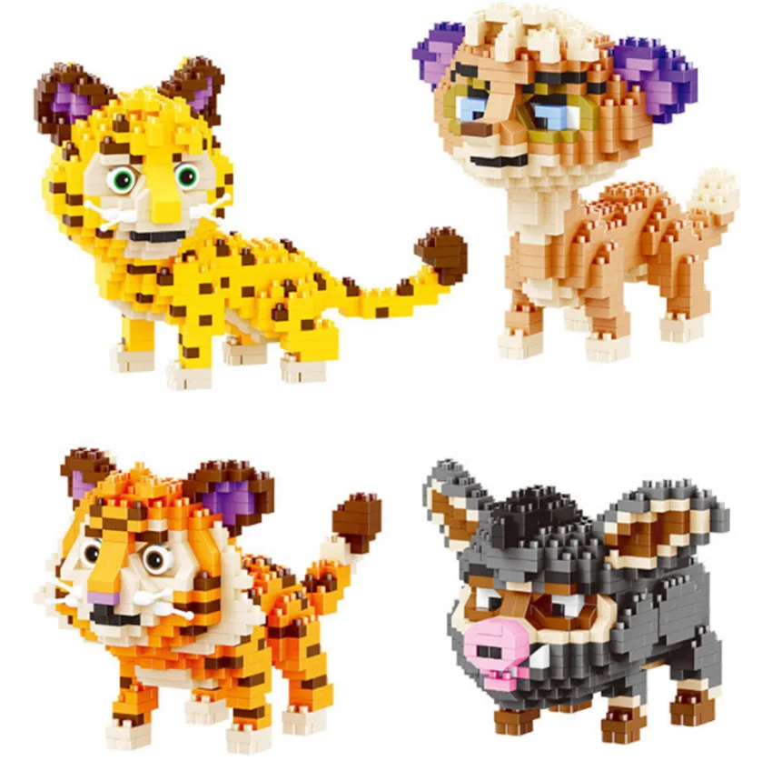 

4pcs/lot Diamond Blocks Cartoon Model brother tiger and panther black Wild boar Action animal Building Toy Micro Brick Toys