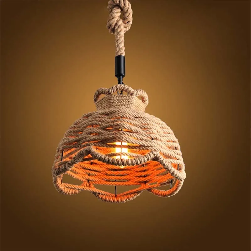 Retro Industrial Hemp Rope Pendant Lights Loft Vintage Restaurant Bedroom Dining Room Suspension Lamp Hand Knitted Lighting P674