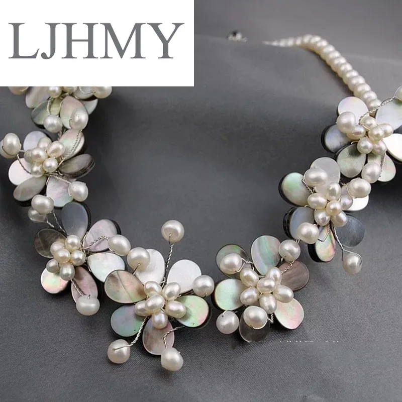 LJHMY Кристальные бусины, Пресноводный Жемчуг, белая Морская раковина, цветочное ожерелье для женщин, массивное ожерелье, колье для свадебной вечеринки