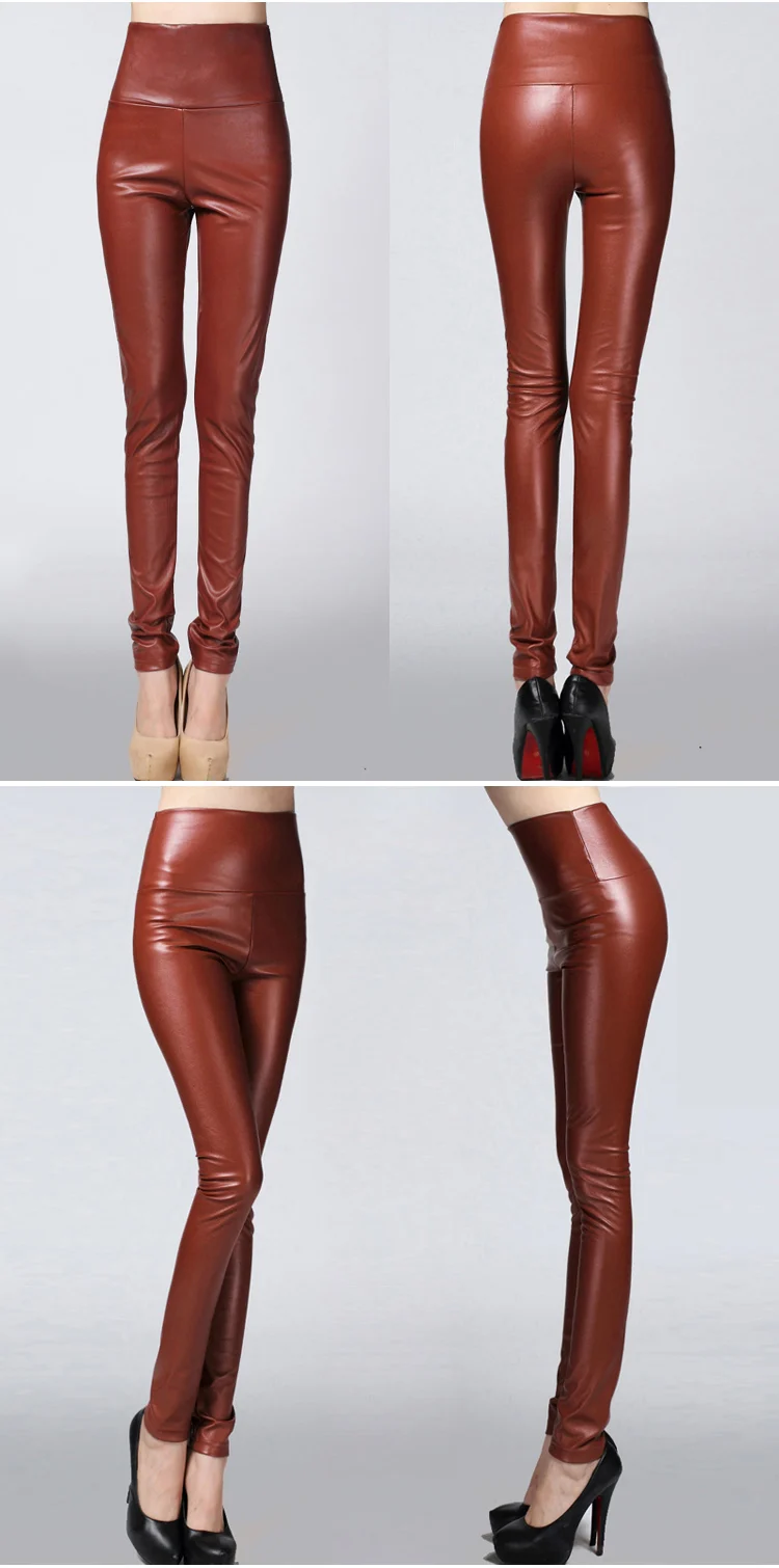 Autumn and winter large size with fleece PU color imitation leather leggings high waist tight leather trousers for women slim (33)