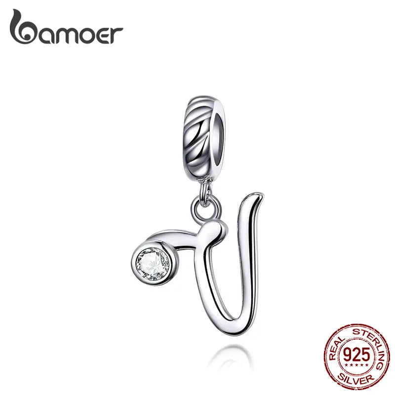 BAMOER 26 Letters alphabet Pendant 925 Sterling Silver Handwritten Language Pendants Charm for Bracelets and Necklace SCC1183 gold ring 925 Silver Jewelry