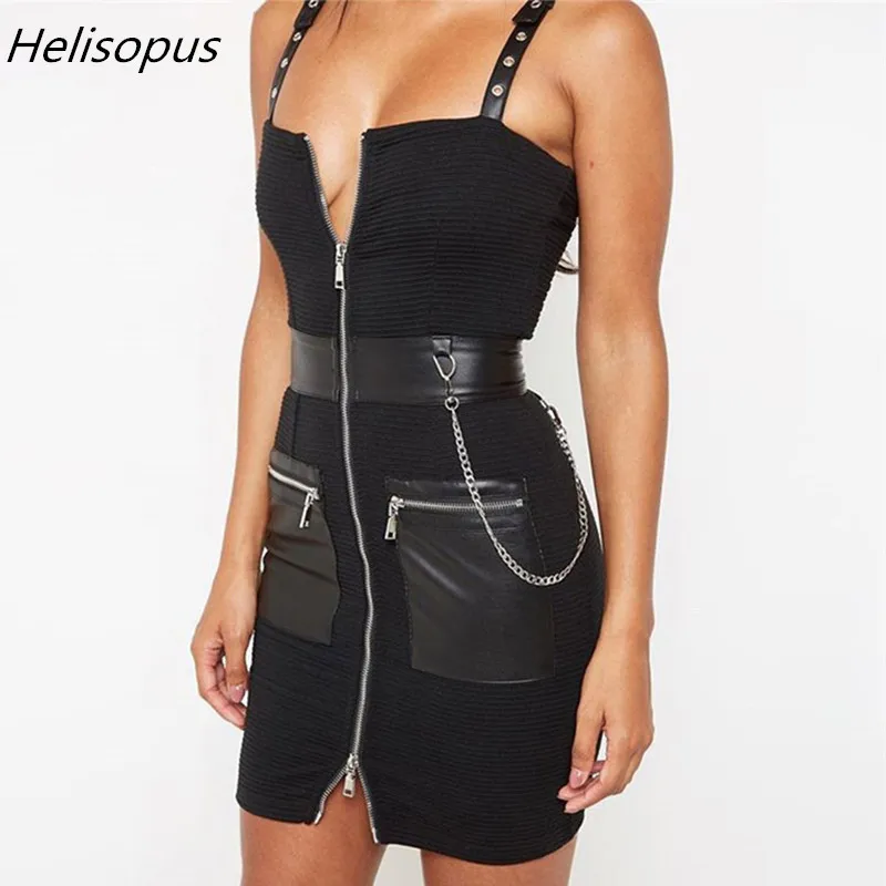 

Helisopus Women Sleeveless PU Sling Patchwork Dress Sexy Zipper Party Dress Spring Autumn Mini Bodycon Dresses