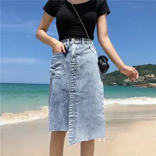 S-XL, женские летние синие однотонные повседневные джинсовые юбки с высокой талией, с карманами и пуговицами, универсальные нестандартные джинсовые юбки для женщин, s(Z5283