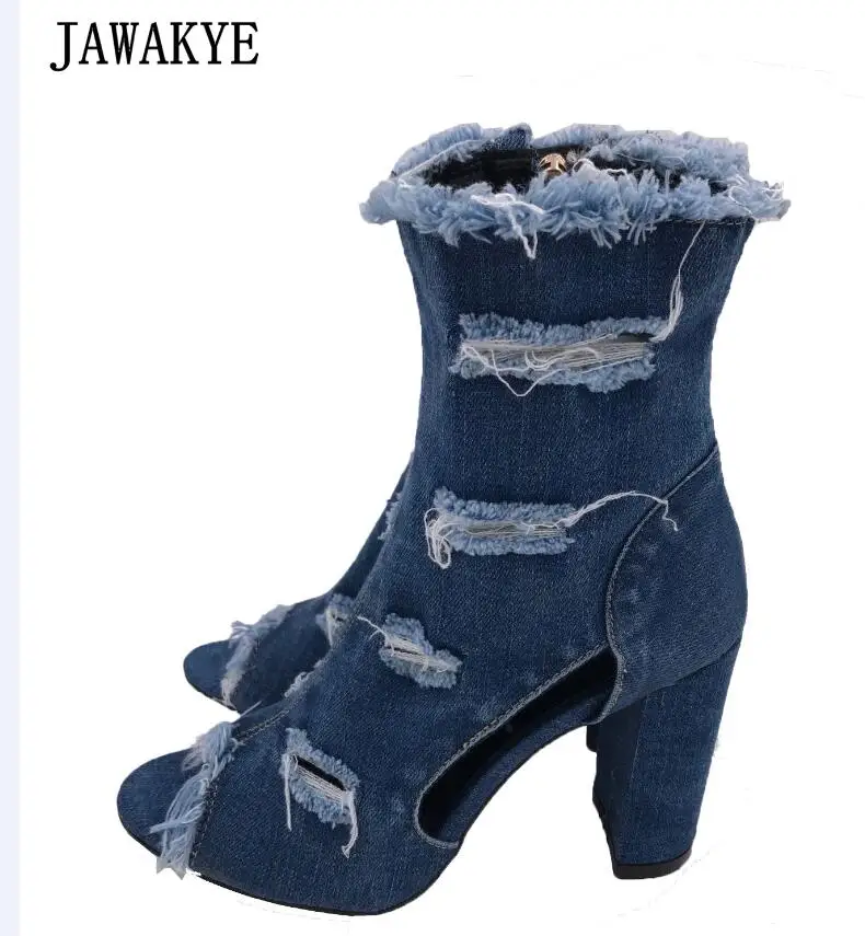 Blue jeans bota feminina 2018 summer shoes ankle boots for women cowboy denim high heels sexy peep-toe tear hollow out sandals Blue jeans bota feminina 2018 summer shoes ankle boots for women cowboy denim high heels sexy peep-toe tear hollow out sandals