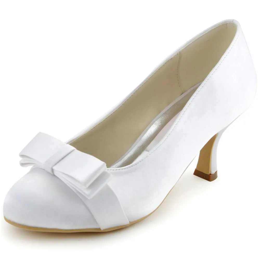 Woman Wedding Bridal Shoes EP11019 White 38 39 Closed Toe Mid Heel bows Satin lady prom party