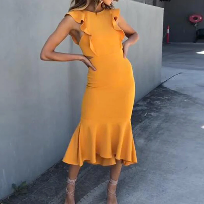 Sexy Women's Strappy Backless Dresses Female Sleeveless Ruffles Dress Fashion Vestidos Frill Hem Mid-Calf Long Mermaid Dress