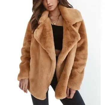 

Women Autumn Winter Plush Lapel Button Long Sleeve Warm Solid Color Slim Coat Outwear Jacket