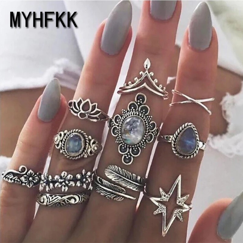

MYHFKK11 pieces / set of punk retro star ring silver feather ring set flower ring female ring jewelry gift JZ025
