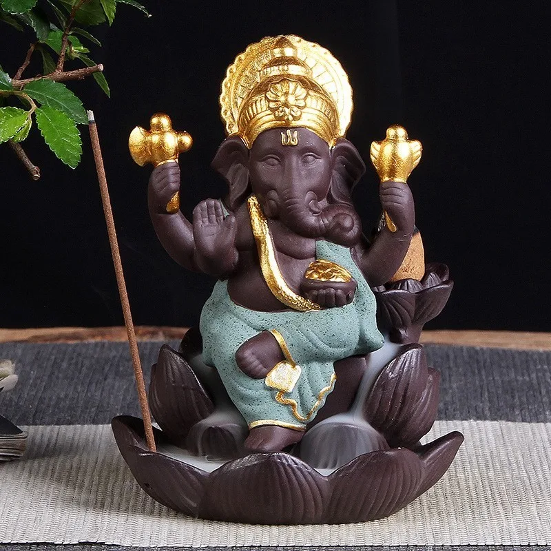

Ganesha Statue Lotus Incense Waterfall Ceramic Backflow Incense Burner Elephant God Hinduism Buddhist Decor Incense Cone Holder
