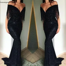 Черные платья с открытым плечом Русалка кисточки Формальные праздники Выпускной одежда Вечерние платья большого размера на заказ