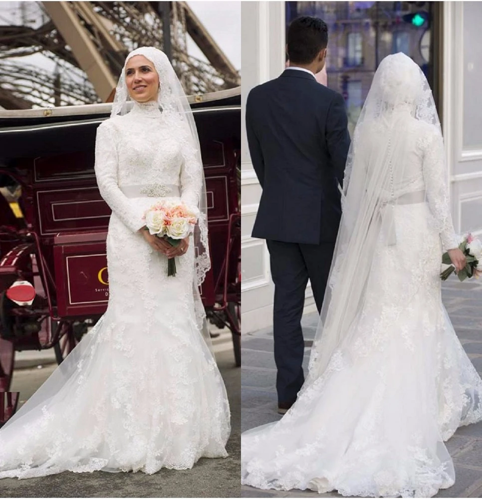 Super Sale 2019 Long Sleeves High Neck Muslim Wedding Dresses