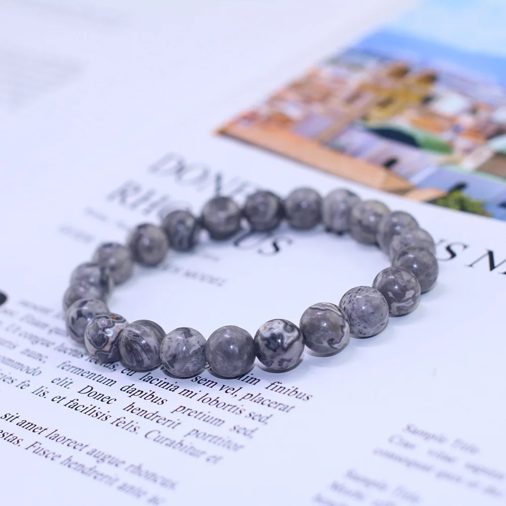 

8MM Natural Gray Map Stone Bracelet Beads Buddha Charm Bracelet Meditation Yoga Mala Bracelets Strand Men Bracelet