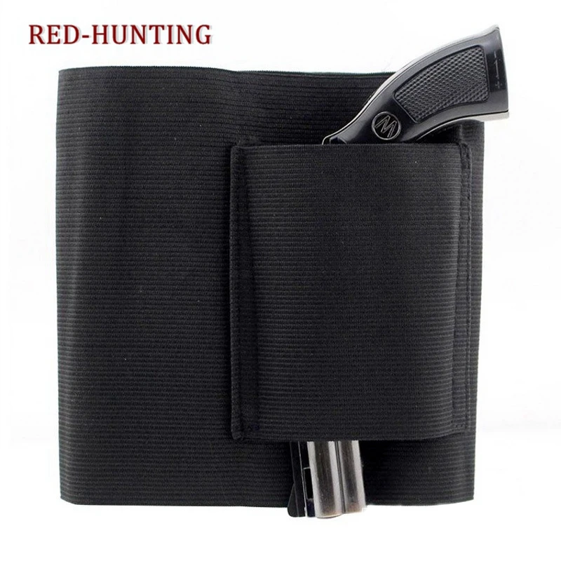 Military Elastic Holster Belt Pistol Gun Belly Band with 2 Magazine Pouch 