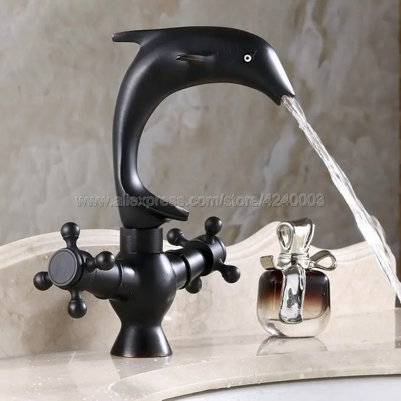 Oil Rubbed Bronze Dolphin Style Double Handle Basin Faucet Bathroom Single Hole Mixers Hot/Cold Water Mixer Tap Knf314