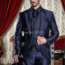 На заказ темно-синие атласные смокинги для жениха из 3 предметов с вышивкой мужские свадебные костюмы для выпускного вечера блейзер мужской пиджак+ брюки+ жилет