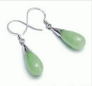 

Free shipping Natural Light Green Jade Drop 18KWGP Hook Earrings