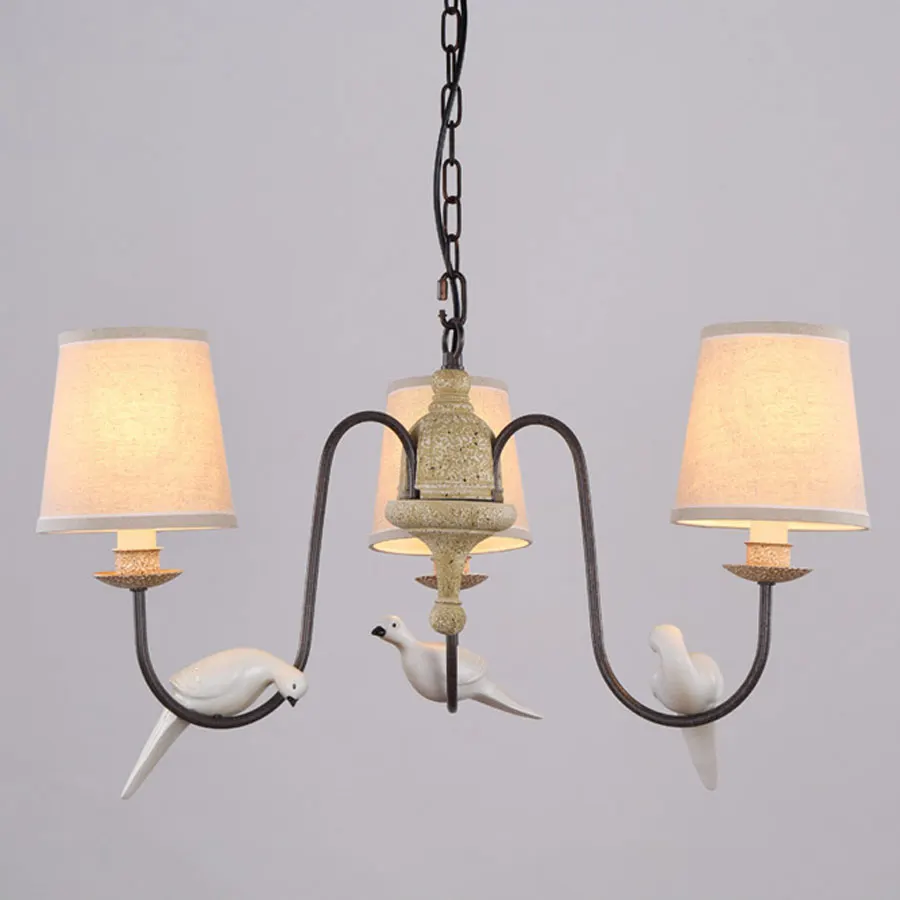 3-Arm-Light-Retro-Beautiful-Chandelier-Stair-Living-Room-Lamp-Resin-Birds-Iron-White-Fabric-Lampshade