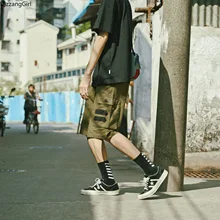 Патчи кнопки ленты карман карго Jogger хип хоп Короткие брюки длиной до колен эластичный пояс спортивный костюм брюки мужские размера плюс низ