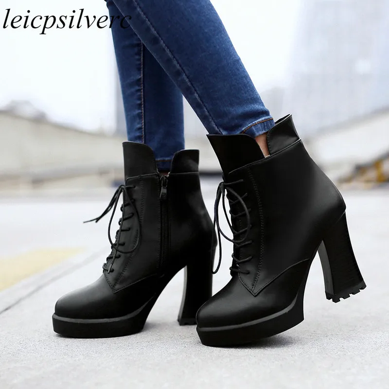 

Women's Boots Spring Autumn Super High Heel Warm Round Toe Ankle Pu Thick Heel Platform Zip 2019 New Sexy Fashion Black Wine Red