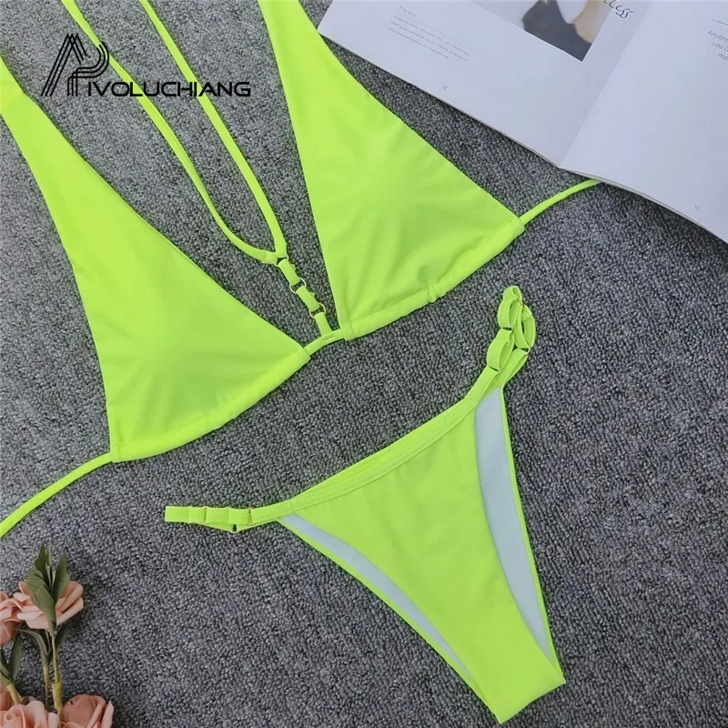 Неоново зеленые бриджи бикини купальник с высоким вырезом женский сексуальный