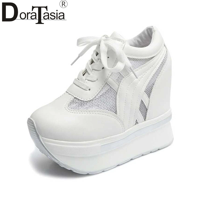 DoraTasia Air Mesh Women Pumps Vintage Lace Up Increased Internal Wedge Platform Shoes For Woman 2017