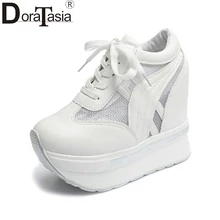 DoraTasia Air Mesh Frauen-pumpen Vintage Lace Up Erhöhte Interne Keil Plattform Schuhe Für Frau 2017 Weiß Silber Schuhe