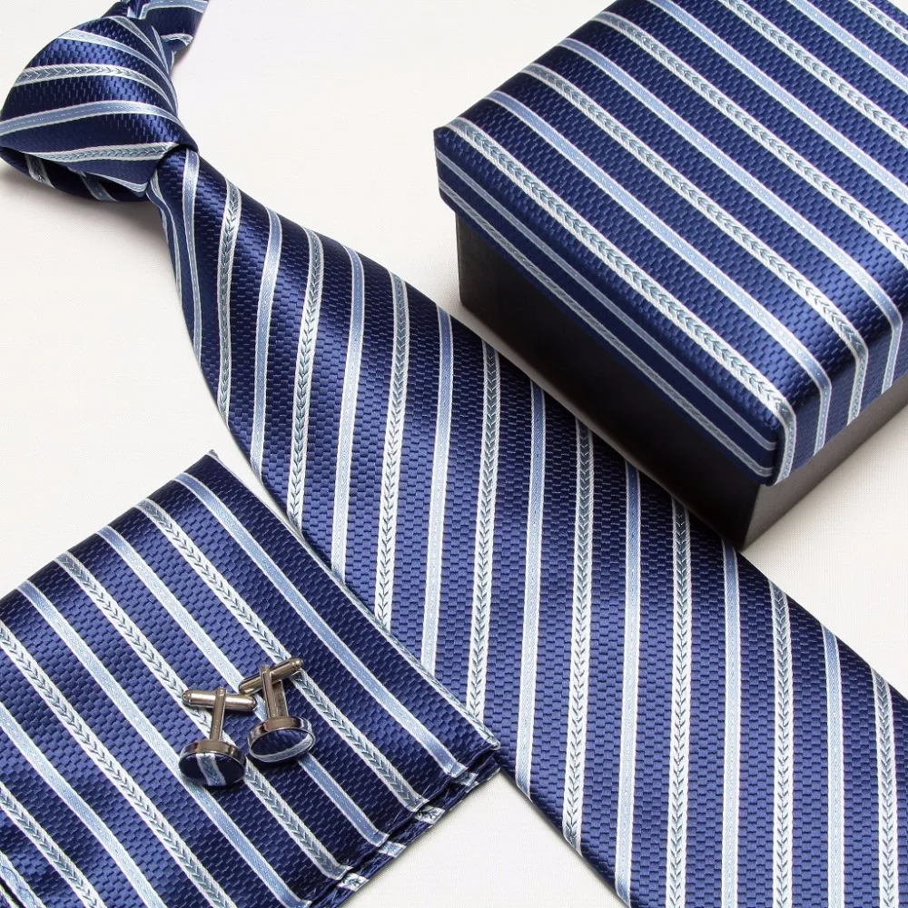  striped neck tie set necktie cufflinks men's ties sets gift box Handkerchiefs Pocket square cravat