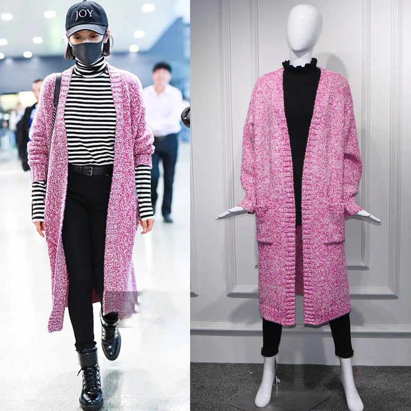 Star Song Qi Airport with The Same Thick Needle Red and White Cardigan Sweater Lazy Loose Jacket Striped Undercoat Sweater Women Star Song Qi Airport with The Same Thick Needle Red and White Cardigan Sweater Lazy Loose Jacket Striped Undercoat Sweater Women
