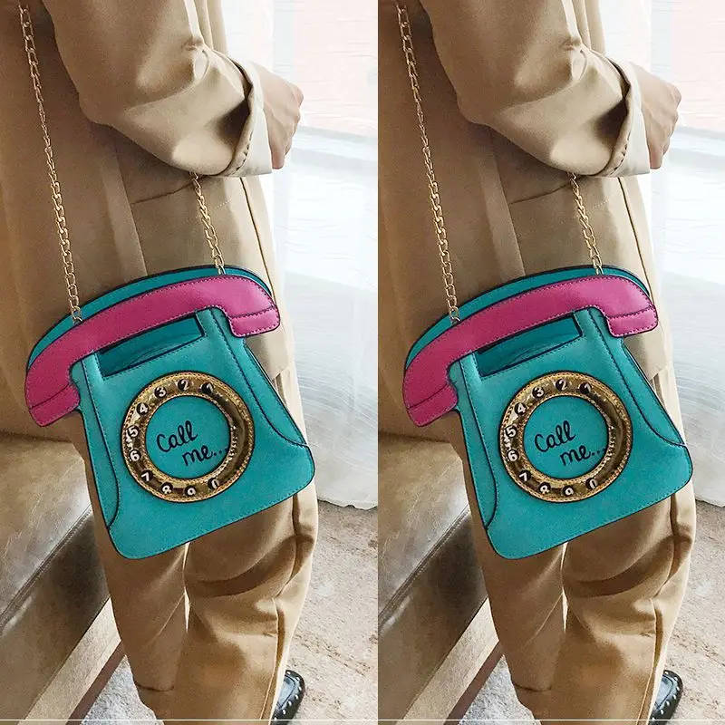 ABDB Telephone Shaped Women Retro Cross Body Bag PU Leather Clutch Purse Chain Bag